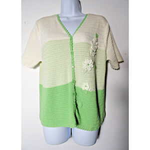 Sag Harbor Large Sweater Tee 3D Knit Corchet Vtg Green Cream Floral Artsy Boho